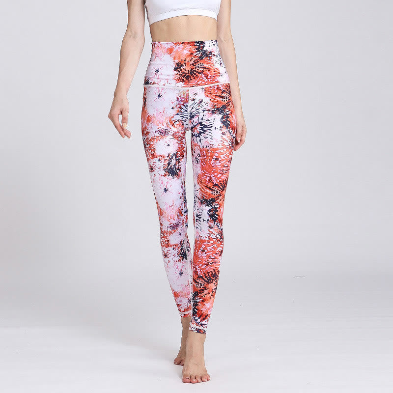 Leggings taille haute pour femme avec imprimé Buddha Stones, fleurs rouges et roses, pour le sport, le fitness, le yoga - image 1