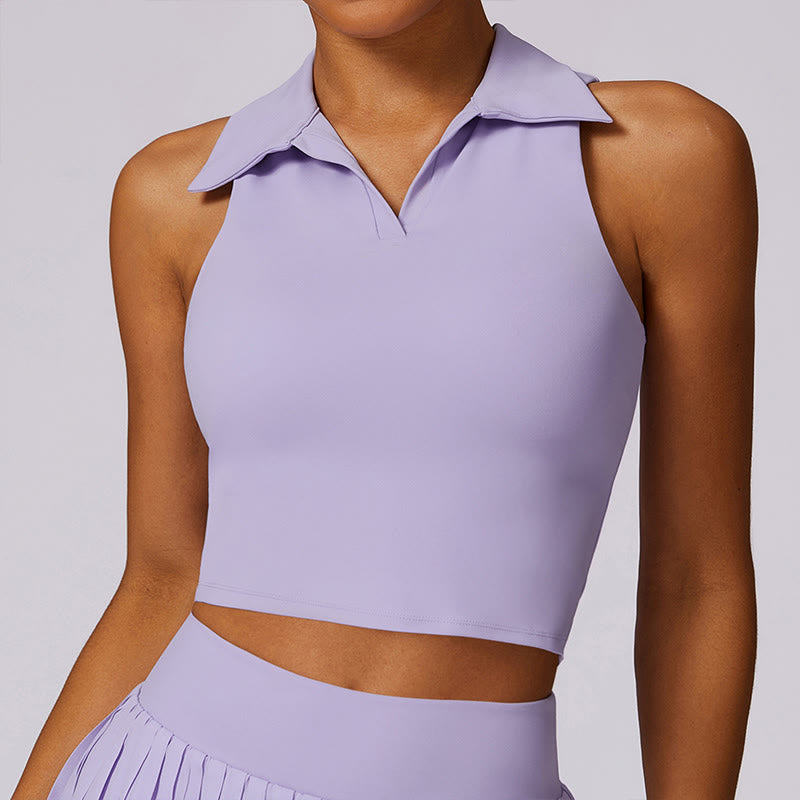 Buddha Stones Polo Collar Crop Tank Top Jupes de tennis Shorts plissés avec poche Tenues de sport et de yoga - Violet - Haut - US8-10，UK/AU12-14，EU40-42 (XL) - image 0