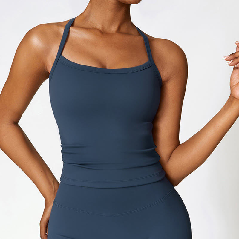 Débardeur court de couleur unie Buddha Stones Short taille haute Tenue de sport Fitness Gym Yoga - Bleu foncé - Haut - US8-10，UK/AU12-14，EU40-42 (XL) - image 0