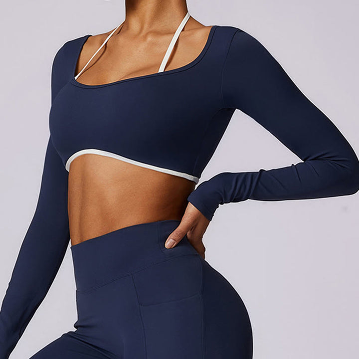 Soutien-gorge à col licou de couleur unie Buddha Stones, débardeur court à manches longues, pantalon de sport, fitness, gym, yoga