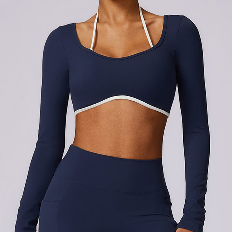 Soutien-gorge à col licou de couleur unie Buddha Stones, débardeur court à manches longues, pantalon de sport, fitness, gym, yoga