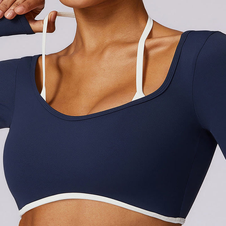 Soutien-gorge à col licou de couleur unie Buddha Stones, débardeur court à manches longues, pantalon de sport, fitness, gym, yoga