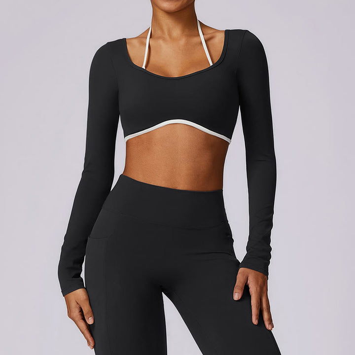 Soutien-gorge à col licou de couleur unie Buddha Stones, débardeur court à manches longues, pantalon de sport, fitness, gym, yoga