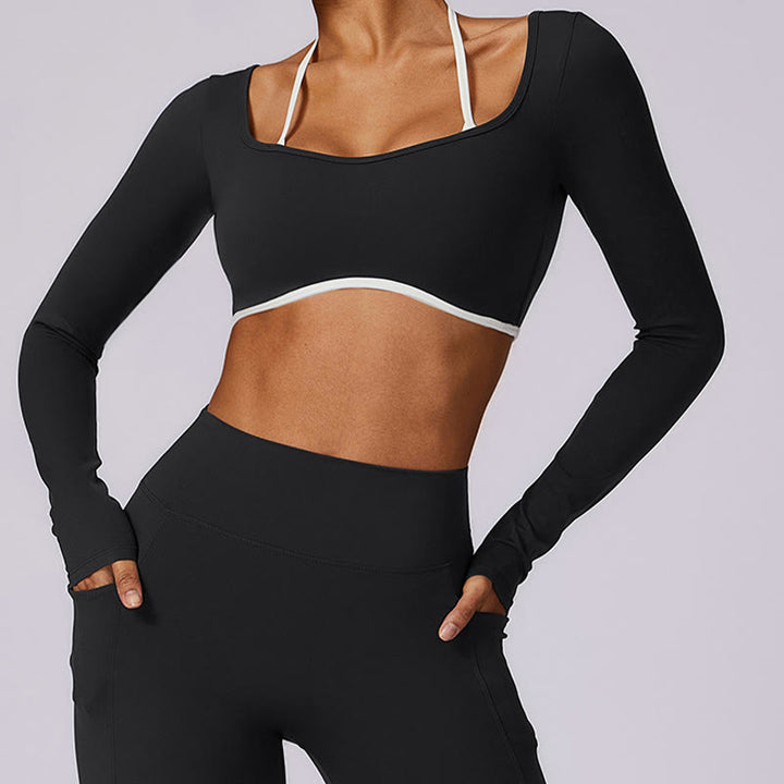 Soutien-gorge à col licou de couleur unie Buddha Stones, débardeur court à manches longues, pantalon de sport, fitness, gym, yoga