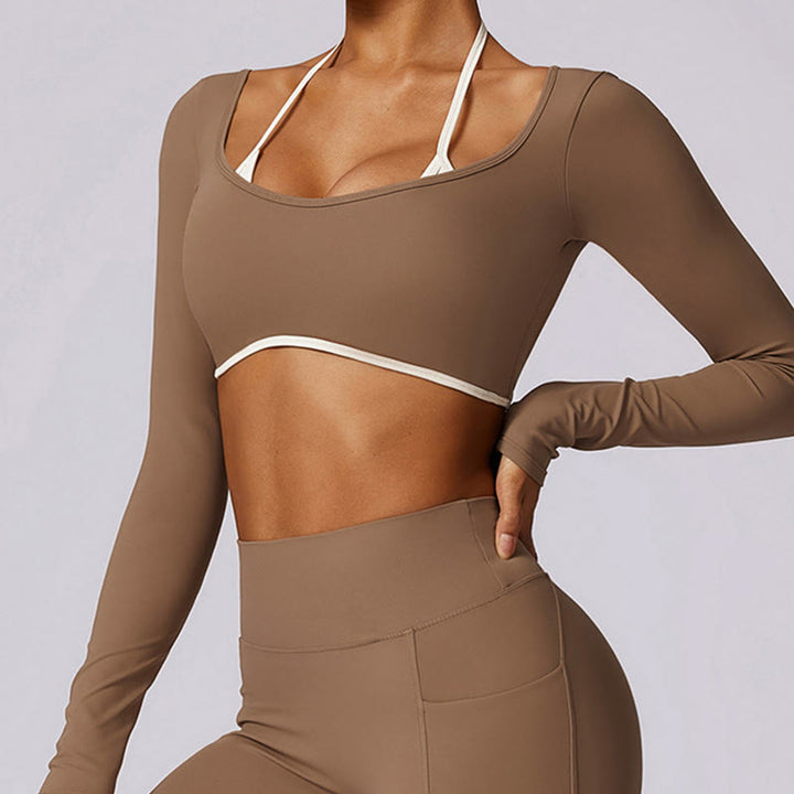 Soutien-gorge à col licou de couleur unie Buddha Stones, débardeur court à manches longues, pantalon de sport, fitness, gym, yoga