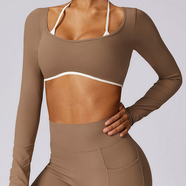Soutien-gorge à col licou de couleur unie Buddha Stones, débardeur court à manches longues, pantalon de sport, fitness, gym, yoga