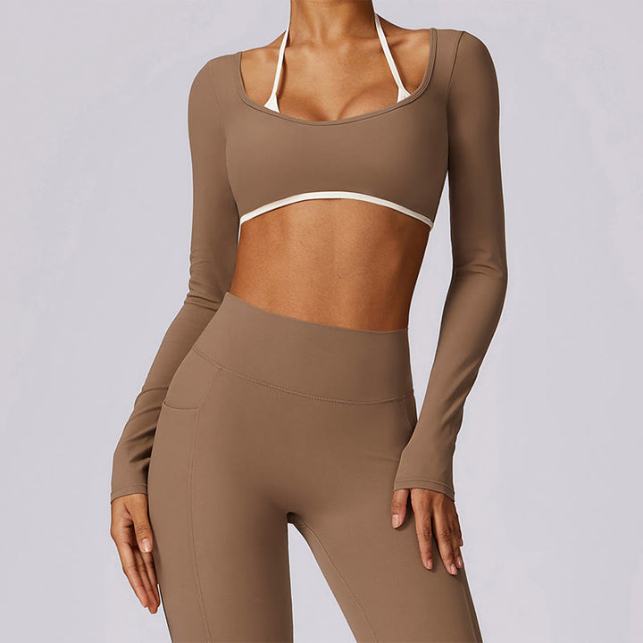 Soutien-gorge à col licou de couleur unie Buddha Stones, débardeur court à manches longues, pantalon de sport, fitness, gym, yoga