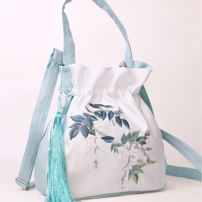 Sac à bandoulière en coton et lin avec fleurs brodées de Buddha Stones et glycine