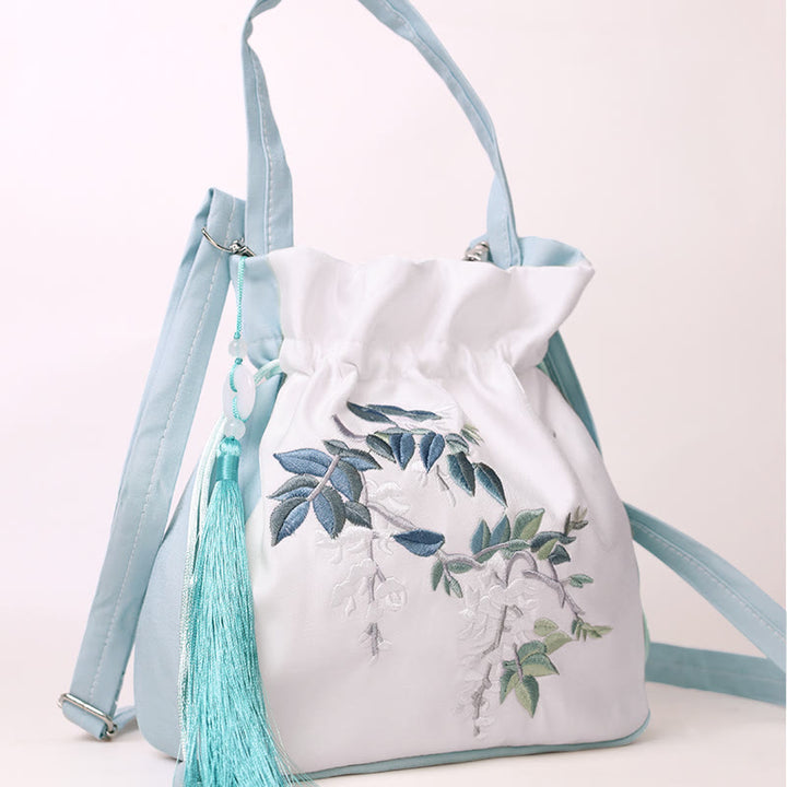 Sac à bandoulière en coton et lin avec fleurs brodées de Buddha Stones et glycine