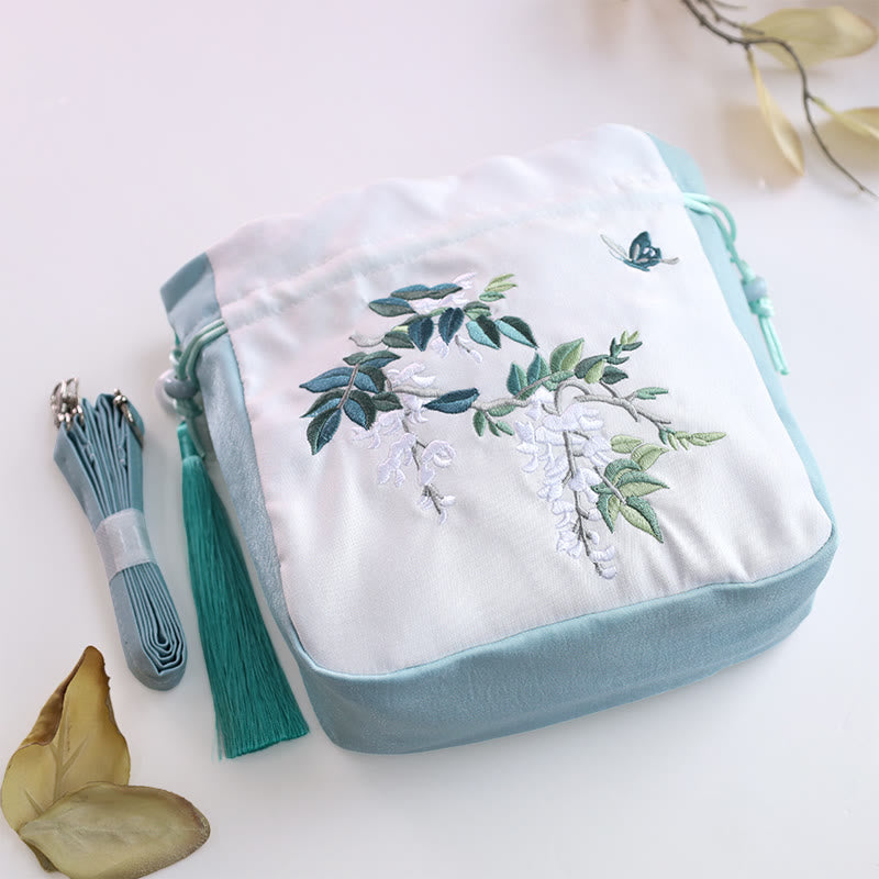 Sac à bandoulière en coton et lin avec fleurs brodées de Buddha Stones et glycine