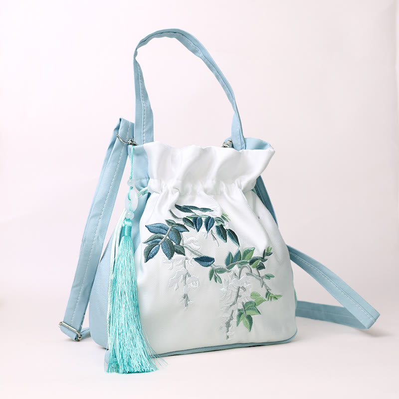 Sac à bandoulière en coton et lin avec fleurs brodées de Buddha Stones et glycine