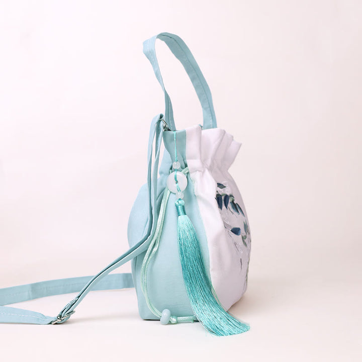 Sac à bandoulière en coton et lin avec fleurs brodées de Buddha Stones et glycine