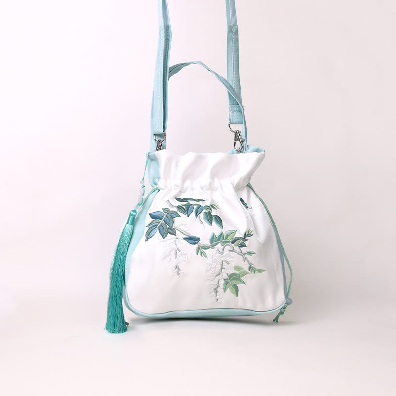 Sac à bandoulière en coton et lin avec fleurs brodées de Buddha Stones et glycine