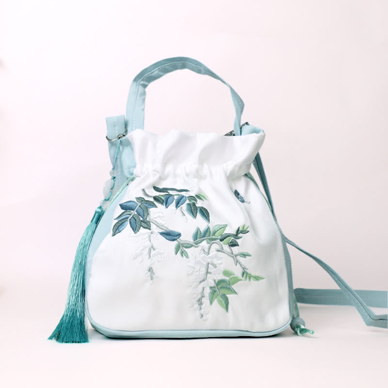 Sac à bandoulière en coton et lin avec fleurs brodées de Buddha Stones et glycine