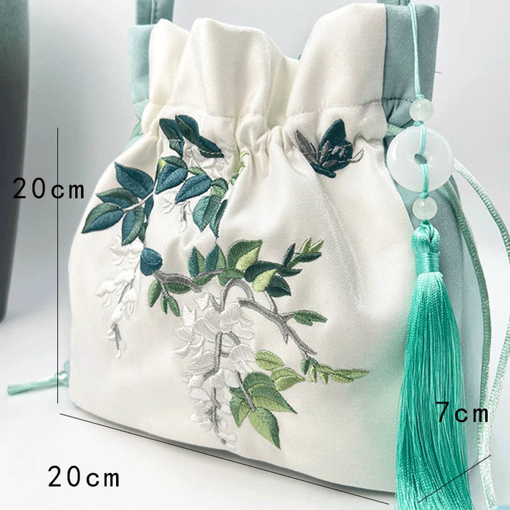 Sac à bandoulière en coton et lin avec fleurs brodées de Buddha Stones et glycine