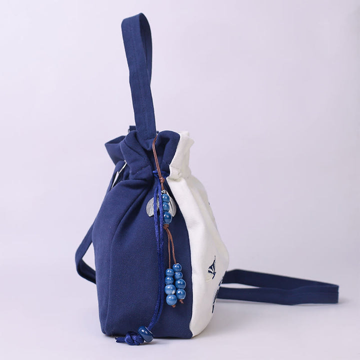 Sac à bandoulière en coton et lin avec broderie de Buddha Stones , papillon, lotus, magnolia