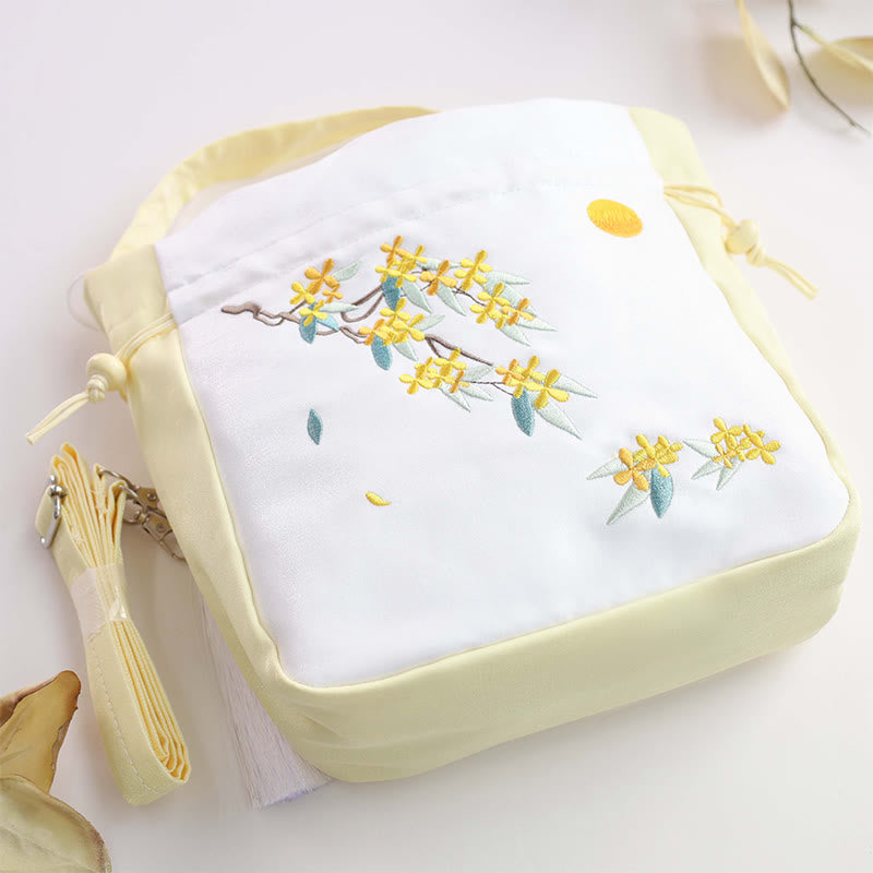 Sac à bandoulière en coton et lin avec Buddha Stones brodées Osmanthus Pivoine Raisin Chat Sac à main