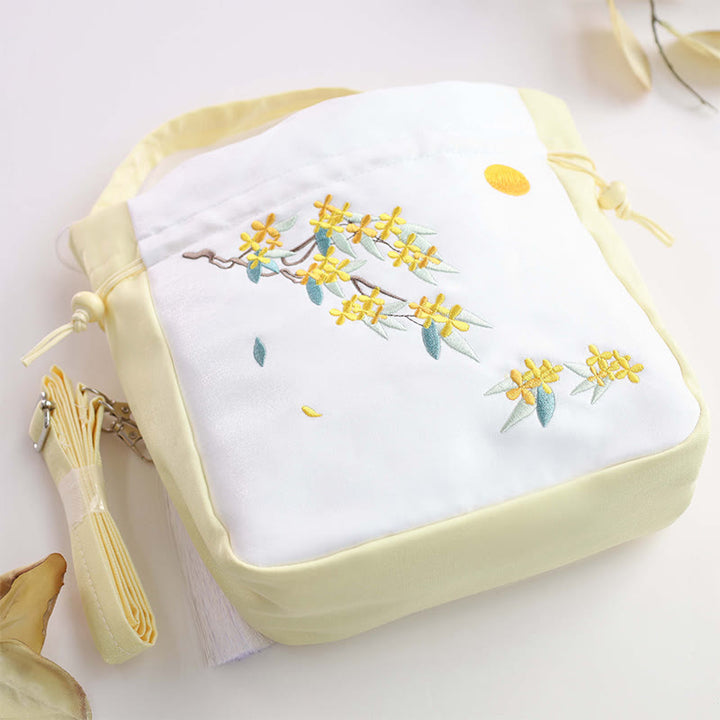 Sac à bandoulière en coton et lin avec Buddha Stones brodées Osmanthus Pivoine Raisin Chat Sac à main