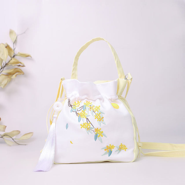 Sac à bandoulière en coton et lin avec Buddha Stones brodées Osmanthus Pivoine Raisin Chat Sac à main