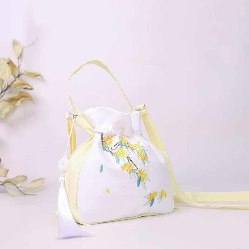 Sac à bandoulière en coton et lin avec Buddha Stones brodées Osmanthus Pivoine Raisin Chat Sac à main
