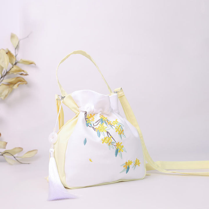Sac à bandoulière en coton et lin avec Buddha Stones brodées Osmanthus Pivoine Raisin Chat Sac à main