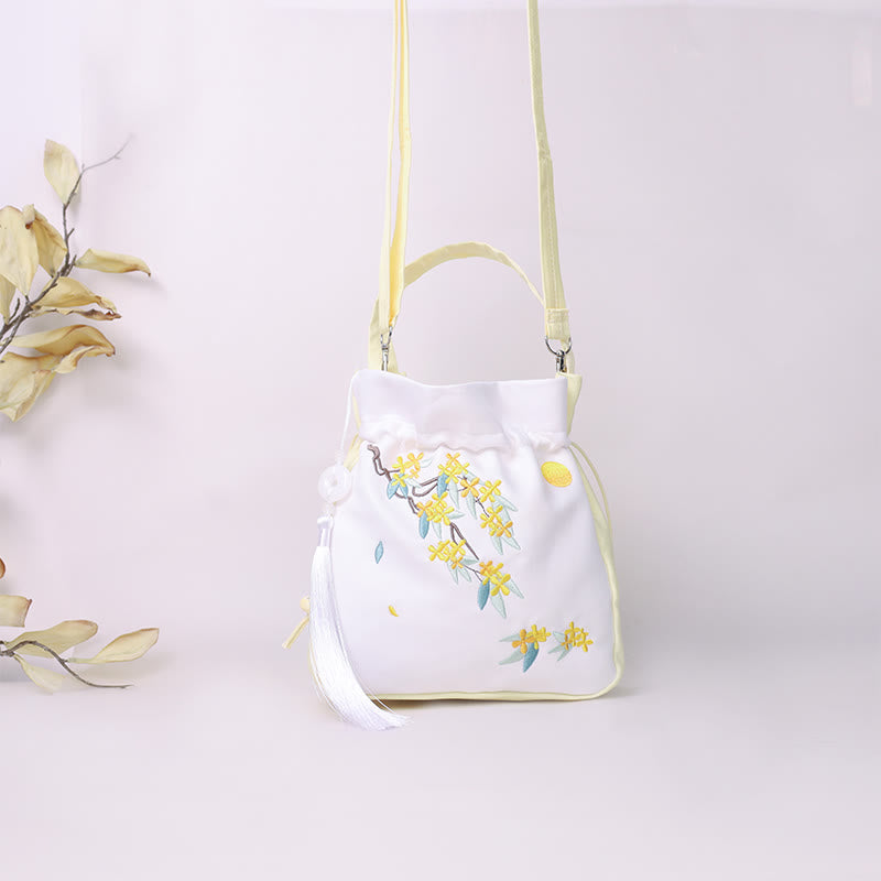 Sac à bandoulière en coton et lin avec Buddha Stones brodées Osmanthus Pivoine Raisin Chat Sac à main