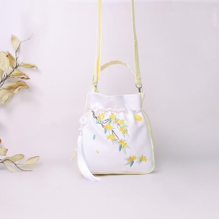 Sac à bandoulière en coton et lin avec Buddha Stones brodées Osmanthus Pivoine Raisin Chat Sac à main