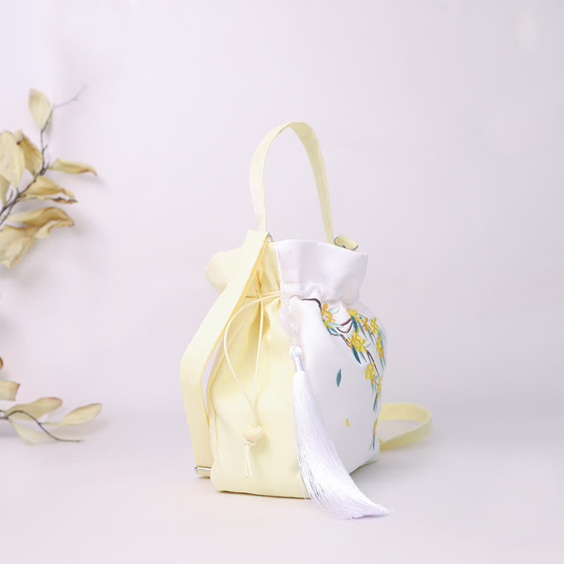 Sac à bandoulière en coton et lin avec Buddha Stones brodées Osmanthus Pivoine Raisin Chat Sac à main