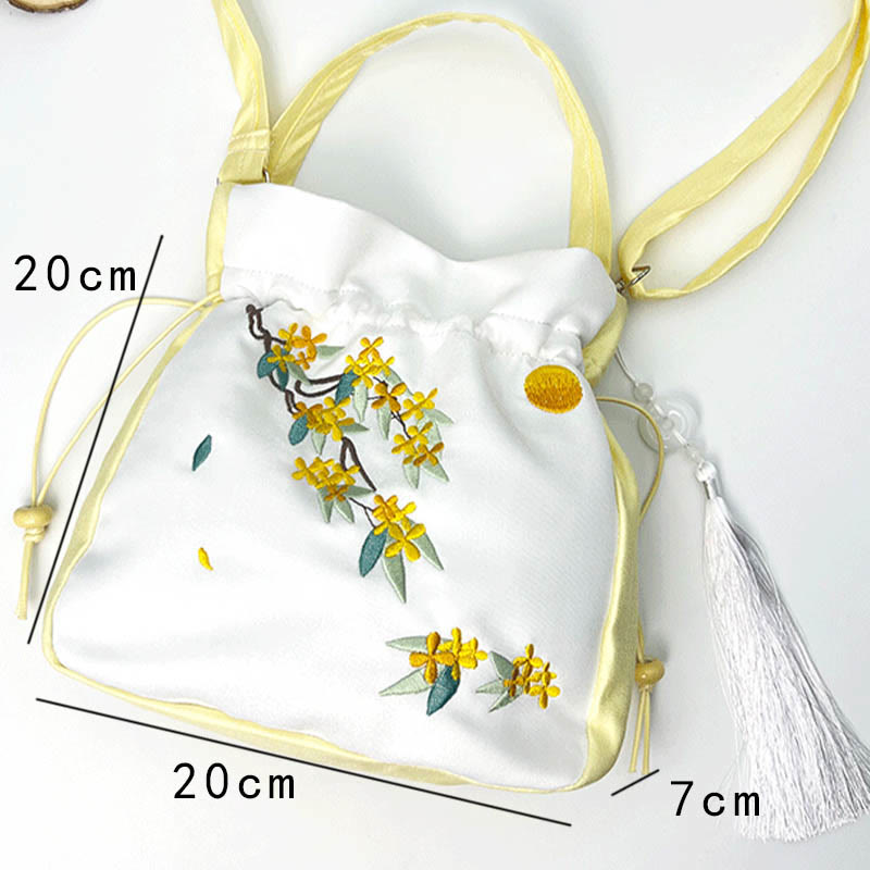 Sac à bandoulière en coton et lin avec Buddha Stones brodées Osmanthus Pivoine Raisin Chat Sac à main