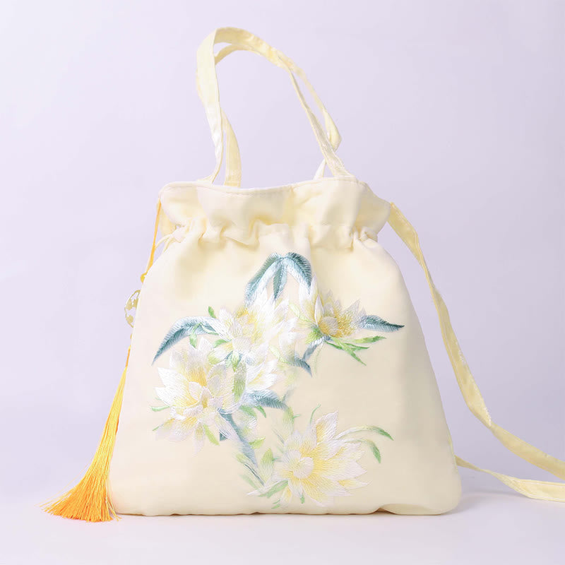Sac à bandoulière en coton et lin avec broderie Suzhou, Buddha Stones, lotus, pivoine, épiphyllum, phénix - Épiphyllum jaune 21*22cm - image 0