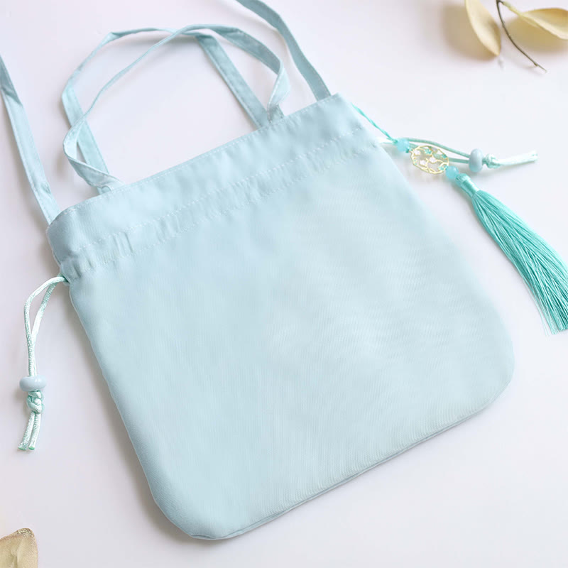 Sac à bandoulière en coton et lin avec broderie de Buddha Stones et de Suzhou, motif de lotus, cerf, épiphyllum, pivoine, lapin