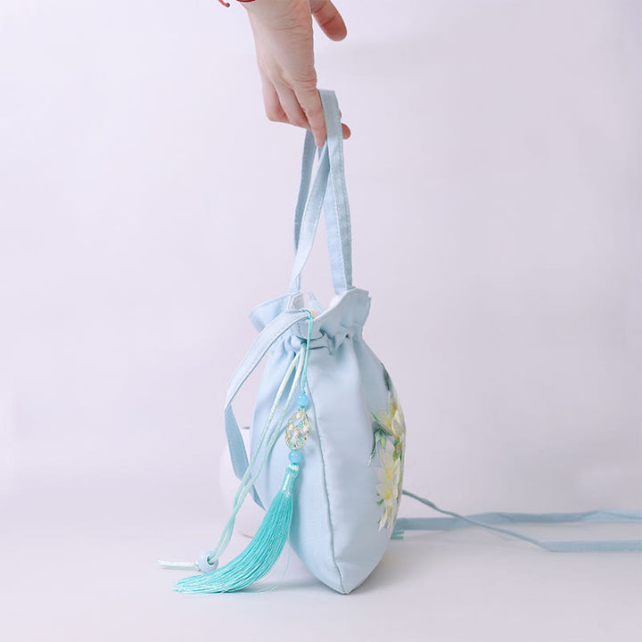 Sac à bandoulière en coton et lin avec broderie de Buddha Stones et de Suzhou, motif de lotus, cerf, épiphyllum, pivoine, lapin