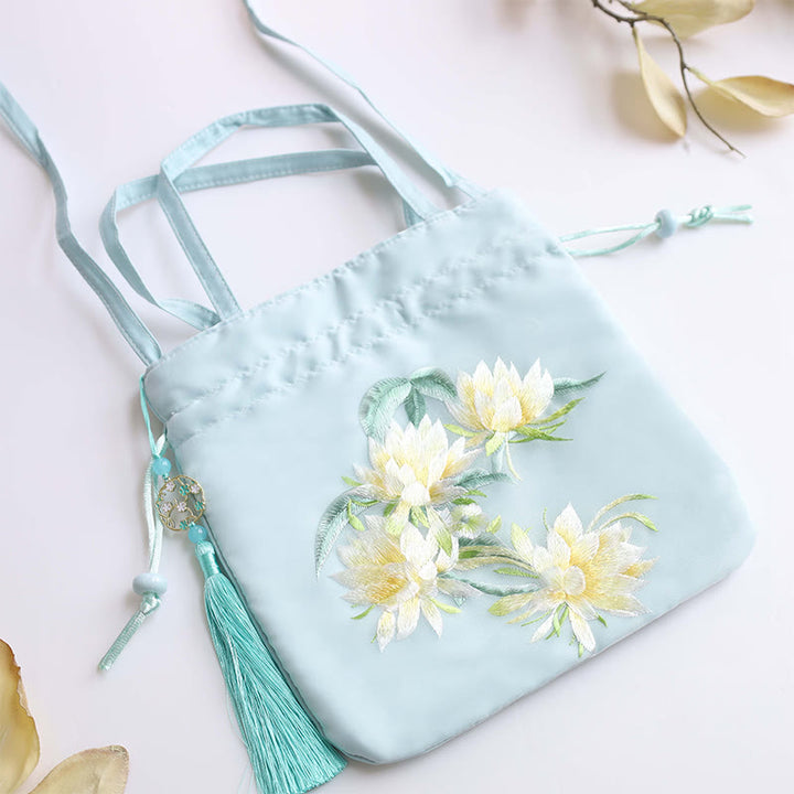 Sac à bandoulière en coton et lin avec broderie de Buddha Stones et de Suzhou, motif de lotus, cerf, épiphyllum, pivoine, lapin
