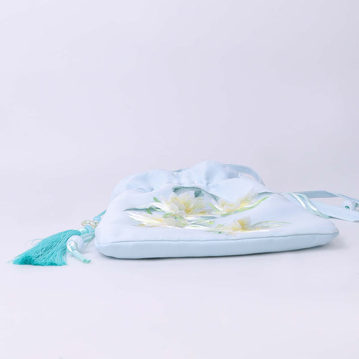 Sac à bandoulière en coton et lin avec broderie de Buddha Stones et de Suzhou, motif de lotus, cerf, épiphyllum, pivoine, lapin