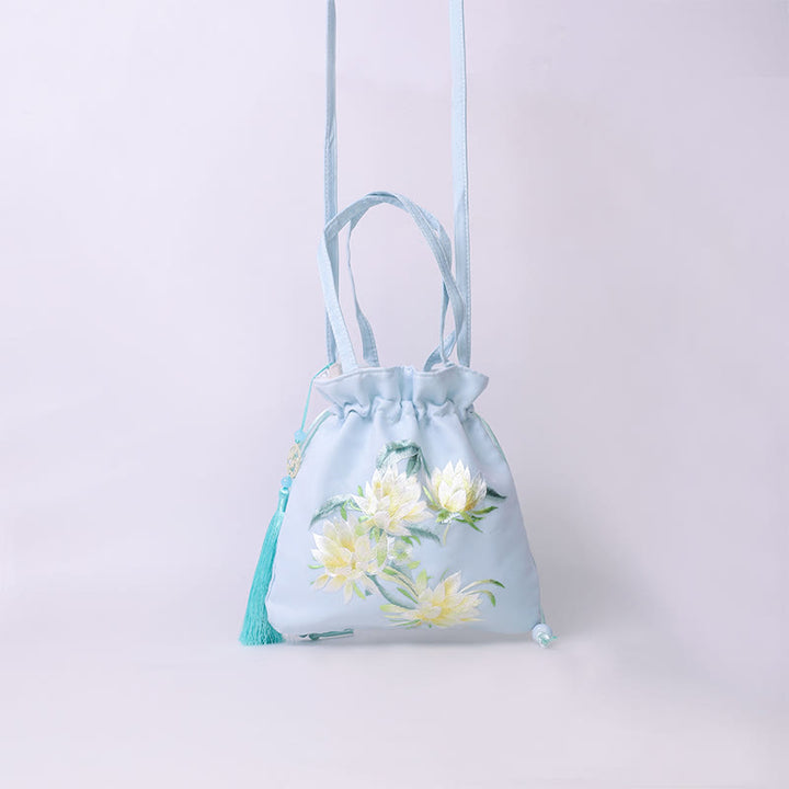 Sac à bandoulière en coton et lin avec broderie de Buddha Stones et de Suzhou, motif de lotus, cerf, épiphyllum, pivoine, lapin