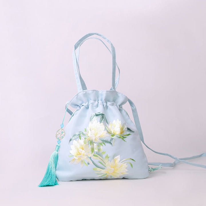 Sac à bandoulière en coton et lin avec broderie de Buddha Stones et de Suzhou, motif de lotus, cerf, épiphyllum, pivoine, lapin