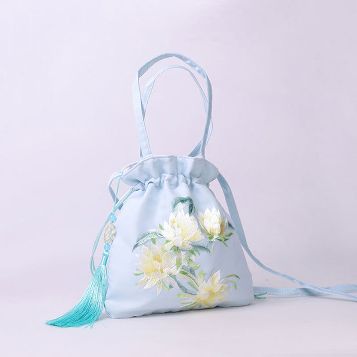 Sac à bandoulière en coton et lin avec broderie de Buddha Stones et de Suzhou, motif de lotus, cerf, épiphyllum, pivoine, lapin - image 1