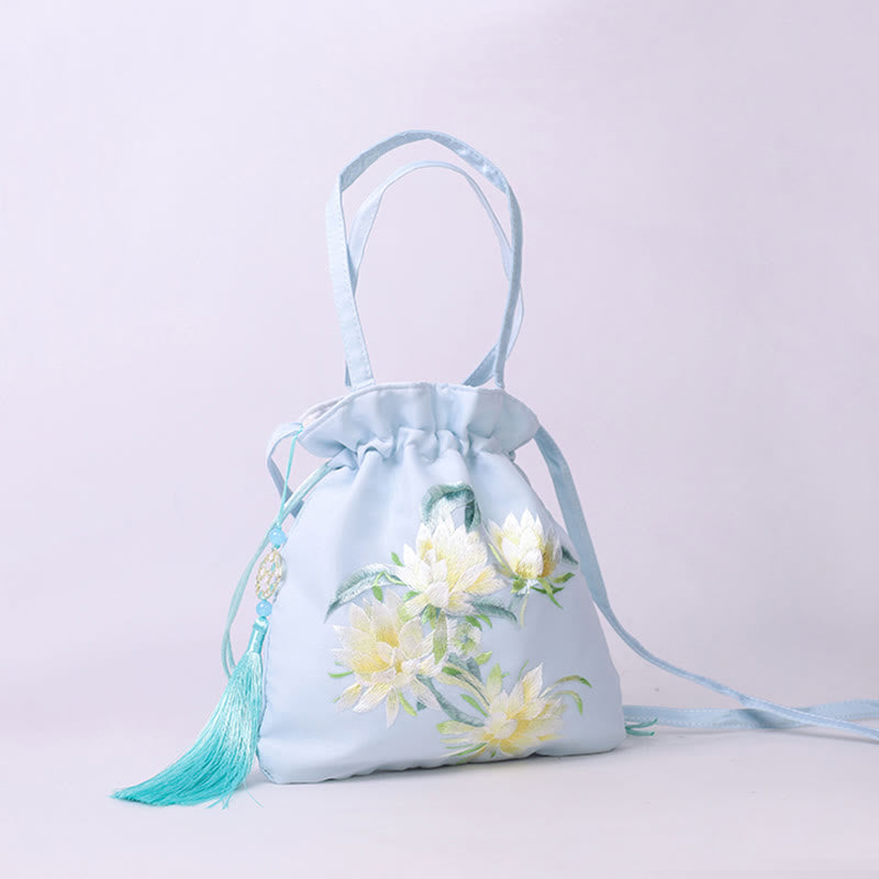 Sac à bandoulière en coton et lin avec broderie de Buddha Stones et de Suzhou, motif de lotus, cerf, épiphyllum, pivoine, lapin