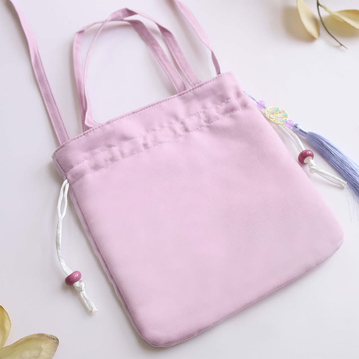 Sac à bandoulière en coton et lin avec broderie de Buddha Stones et de Suzhou, motif de lotus, cerf, épiphyllum, pivoine, lapin