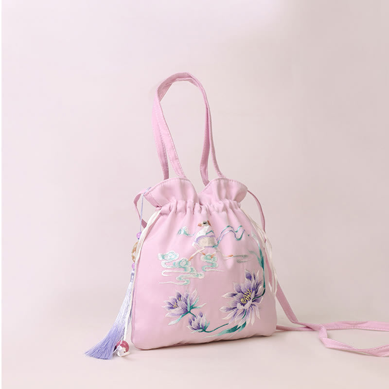 Sac à bandoulière en coton et lin avec broderie de Buddha Stones et de Suzhou, motif de lotus, cerf, épiphyllum, pivoine, lapin