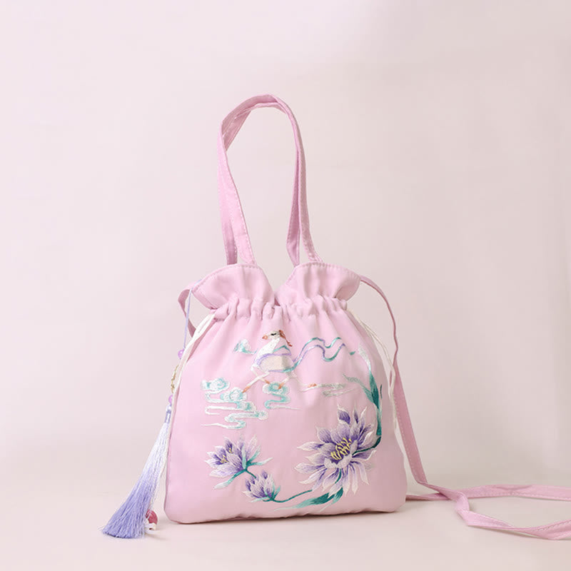Sac à bandoulière en coton et lin avec broderie de Buddha Stones et de Suzhou, motif de lotus, cerf, épiphyllum, pivoine, lapin