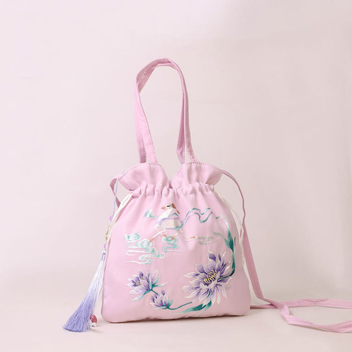 Sac à bandoulière en coton et lin avec broderie de Buddha Stones et de Suzhou, motif de lotus, cerf, épiphyllum, pivoine, lapin