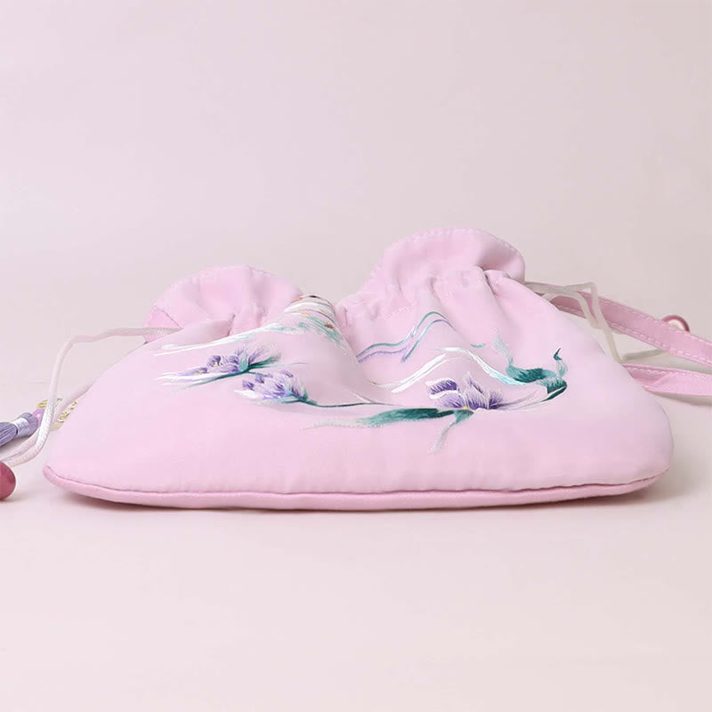 Sac à bandoulière en coton et lin avec broderie de Buddha Stones et de Suzhou, motif de lotus, cerf, épiphyllum, pivoine, lapin