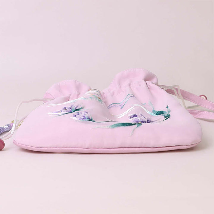 Sac à bandoulière en coton et lin avec broderie de Buddha Stones et de Suzhou, motif de lotus, cerf, épiphyllum, pivoine, lapin