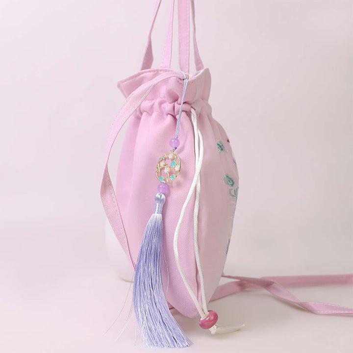 Sac à bandoulière en coton et lin avec broderie de Buddha Stones et de Suzhou, motif de lotus, cerf, épiphyllum, pivoine, lapin