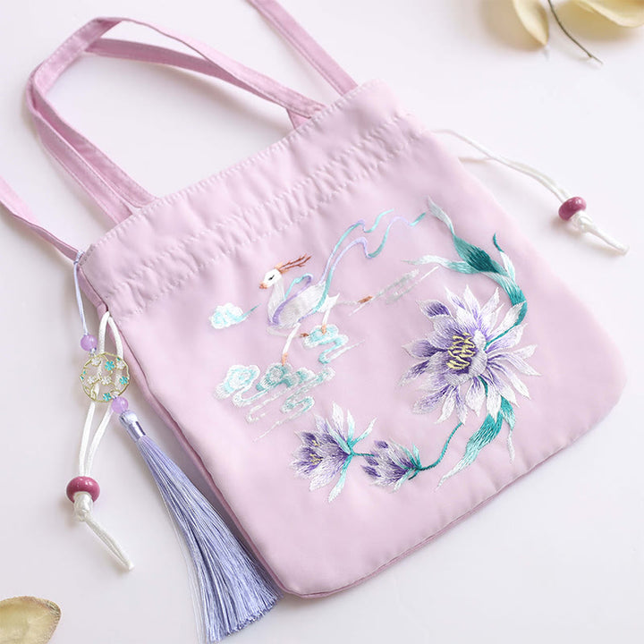 Sac à bandoulière en coton et lin avec broderie de Buddha Stones et de Suzhou, motif de lotus, cerf, épiphyllum, pivoine, lapin