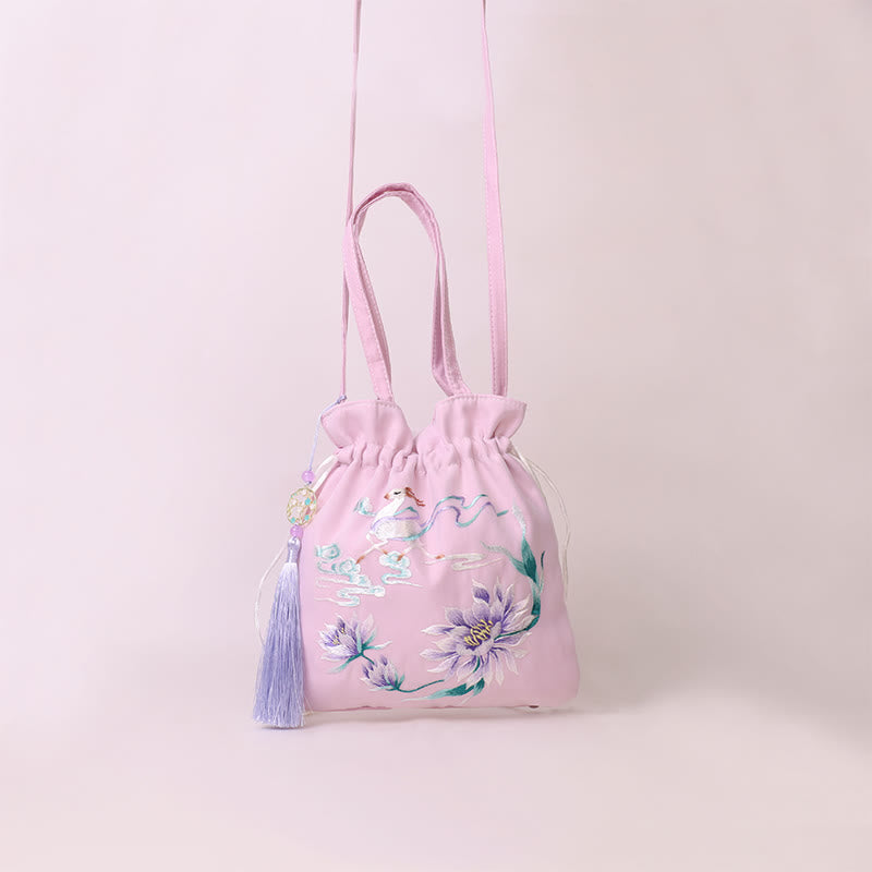 Sac à bandoulière en coton et lin avec broderie de Buddha Stones et de Suzhou, motif de lotus, cerf, épiphyllum, pivoine, lapin