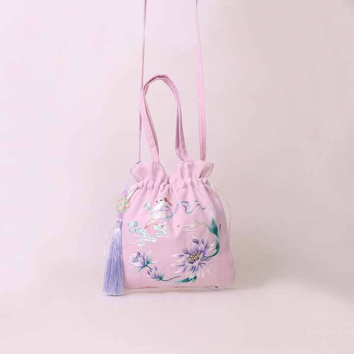 Sac à bandoulière en coton et lin avec broderie de Buddha Stones et de Suzhou, motif de lotus, cerf, épiphyllum, pivoine, lapin