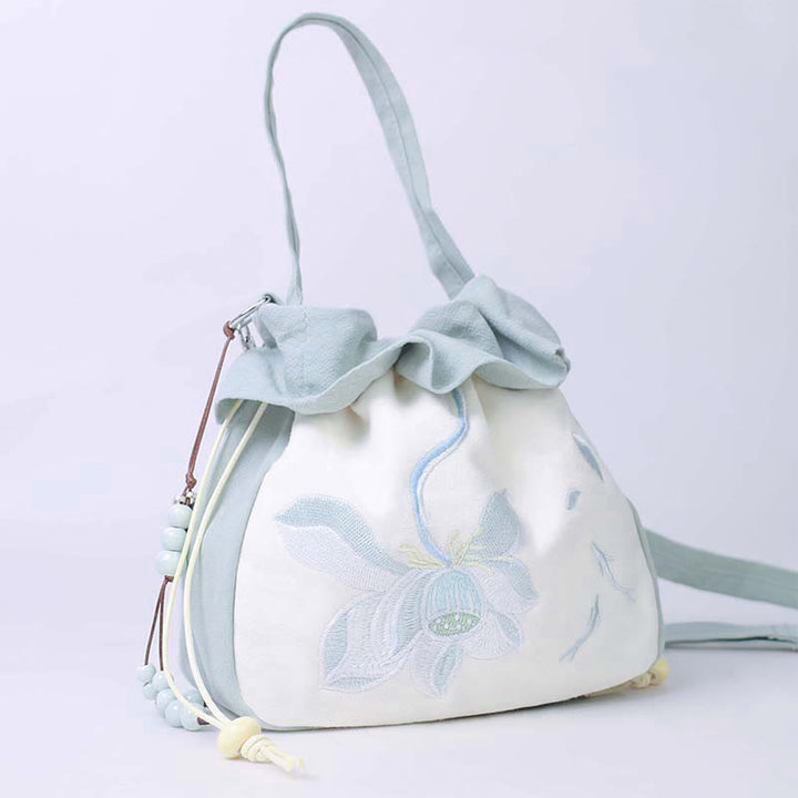 Sac à bandoulière en coton et lin avec broderie de Buddha Stones et Lotus Epiphyllum Magnolia de Suzhou