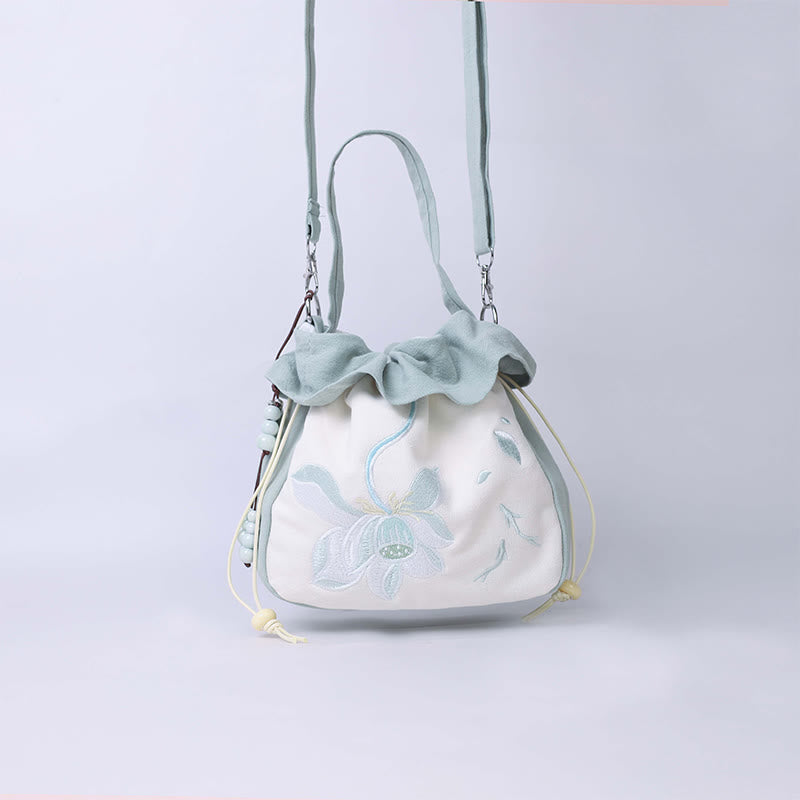 Sac à bandoulière en coton et lin avec broderie de Buddha Stones et Lotus Epiphyllum Magnolia de Suzhou